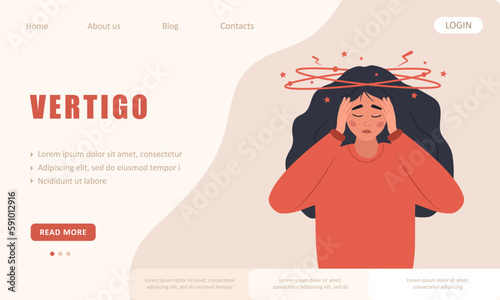 Vertigo concept. Landing page template. Sad woman with dizziness. Unhappy girl suffers from headache. Lack of iron in immune system. Vector illustration in flat cartoon style.
