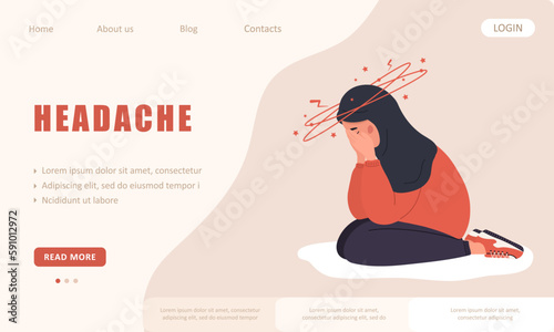 Headache concept. Landing page template. Sad arabic woman with vertigo sitting on floor. Unhappy girl needs medical help. Health protection concept. Vector illustration in cartoon style.