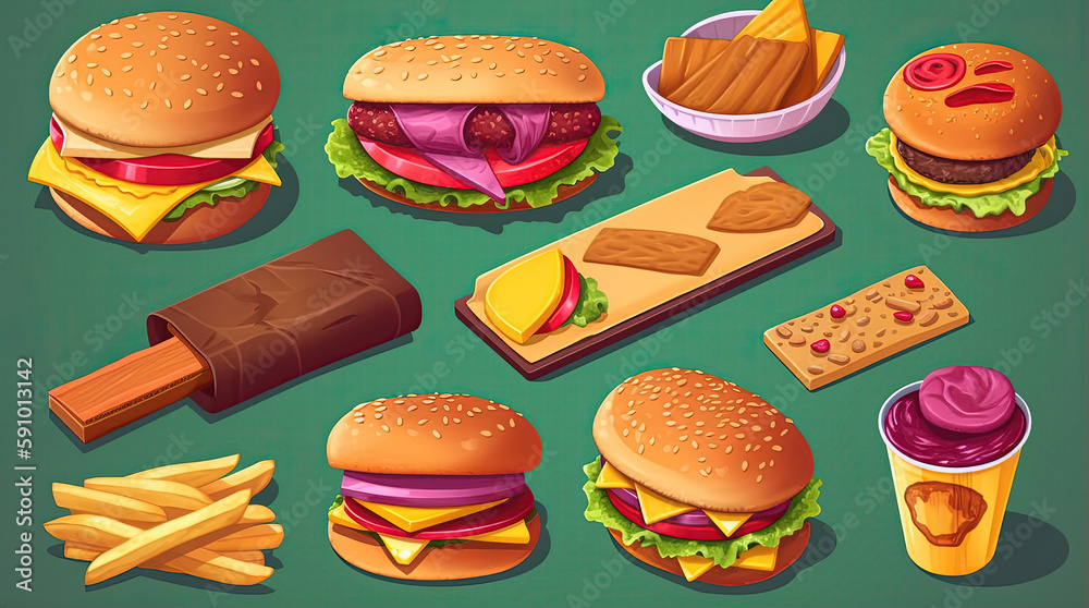 Fast food set in flat style. Pizza, burger, burrito, hot dog, soda, donut, cookie, french fries, fried chicken amd soft drink. Unhealthy food vector icons. Generative AI