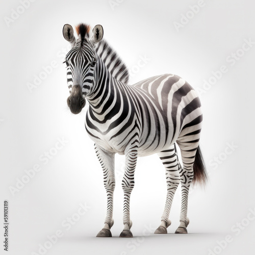 Young beautiful zebra standing on white background. Generative AI