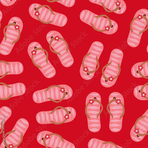 Flip flop color summer pattern. Seamless repeat pattern, background. Cartoon flat illustration. Red colors.