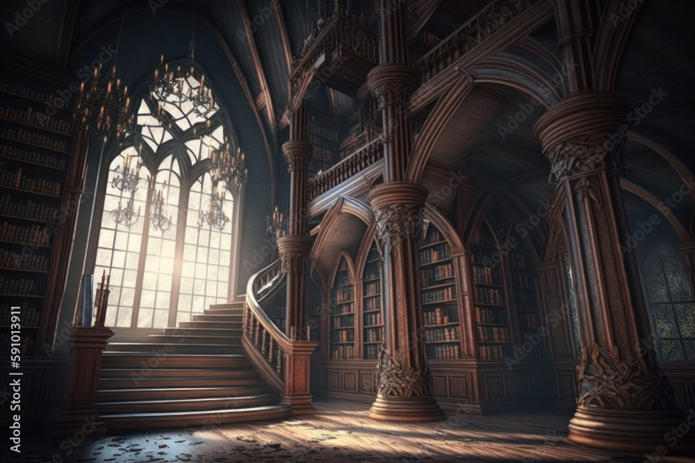 Gothic library with large steel beams and many books, Generative AI