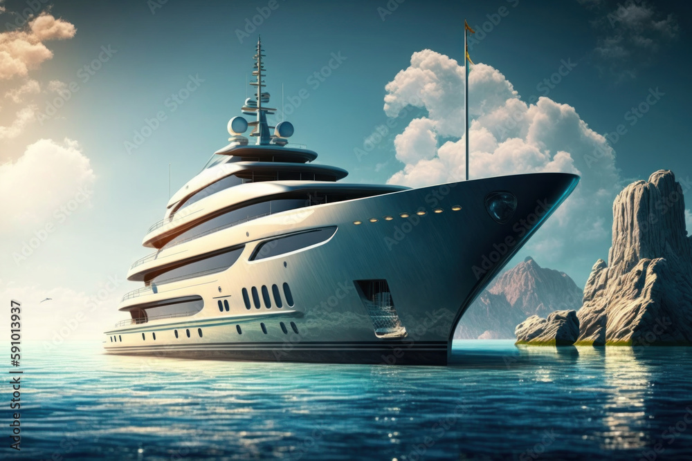 Fototapeta premium Modern luxury yacht floating in the sea or ocean on a sunny day, Generative AI