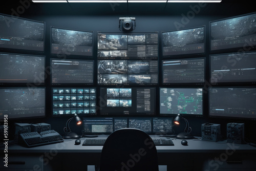 Cctv room showing many monitors broadcasting footage from cameras, Generative AI