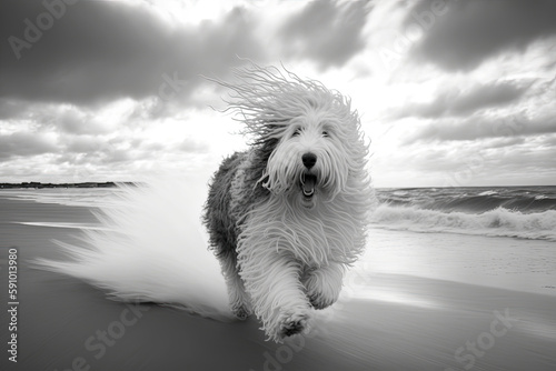 Old English Sheep Dog Running on the Beach - generative ai
