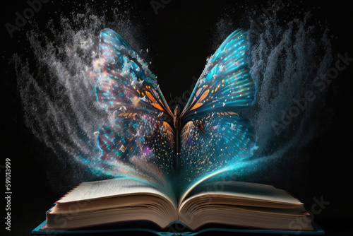 Open magic fantasy book with lights and many butterfly. AI Generative © Uliana