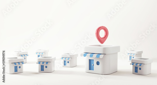 Franchise business growth concept, Franchise shop with location map pin on background, Business startup, Franchise business marketing system concept, 3d render.