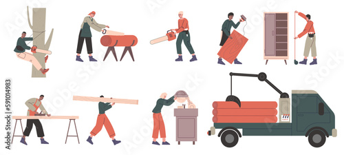 Carpenter characters. Various stages of wood processing. Workers with tools. Lumberjacks chop down trees. People with saws or planes. Wooden workshop. Vector woodworking industry set