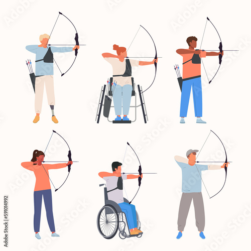 archers. male and female sport characters disabled archers with bow and arrows pointing to goal. Vector cartoon characters