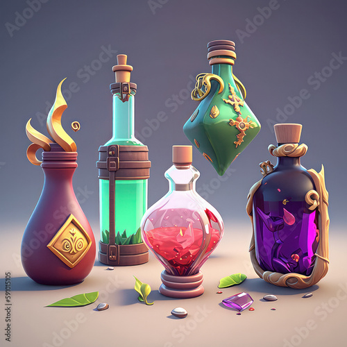 Set of bottles for fantasy game, cartoon style. Chemical jars. Generative AI photo