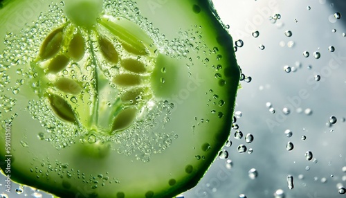 A slice of cucumber under water. The image represents freshness and health. Place for text. Copy space, blank text. Ideal as wallpaper, banner or header.
