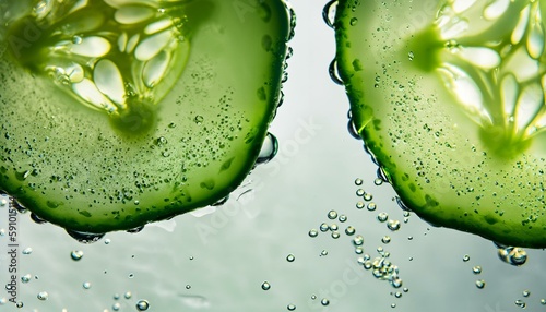 Two slices of cucumber under water. The image represents freshness and health. Place for text. Copy space, blank text. Ideal as wallpaper, banner or header.