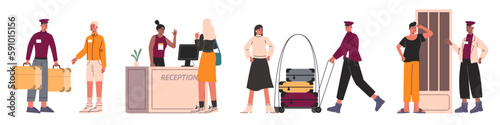 Cartoon hotel visitors. Guesthouse employees. Motel workers and guests. People with luggage. Check in at reception. Gatekeeper opens doors. Porter or concierge in uniform. Vector hostel set