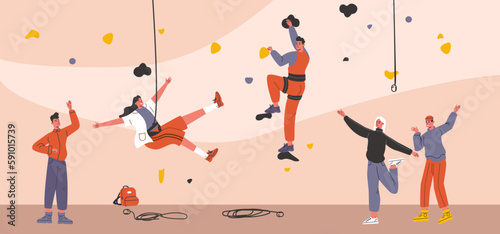 Extreme people. Rock climbers. Men and women climb wall with colored hooks. Height lifting with safety ropes. Athletes training. Artificial stones. Mountaineering gym. Vector concept