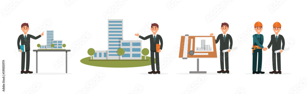 Man Engineer and Builder Working on Construction Site Vector Illustration Set Man Engineer and Builder Working on Construction Site Vector Illustration Set