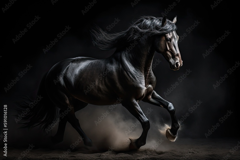 Galloping Black Horse on Dark Background, AI Generated