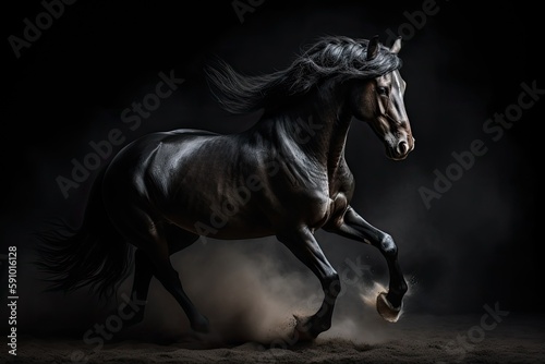 Galloping Black Horse on Dark Background, AI Generated © dasom
