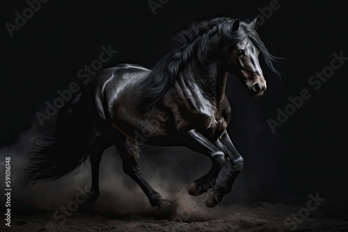 Galloping Black Horse on Dark Background, AI Generated © dasom