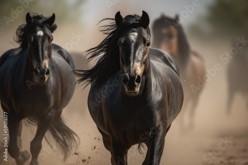 Horses Galloping in Desert Dust with Long Manes, AI Generated © dasom