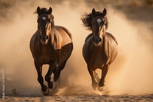 Horses Galloping in Desert Dust with Long Manes  AI Generated