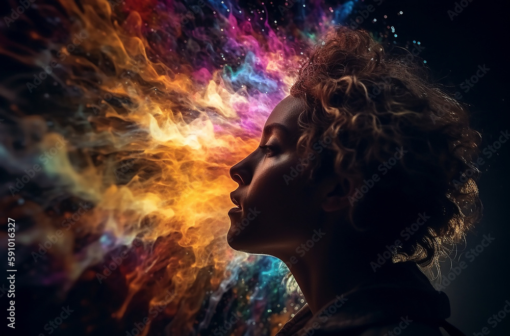 a person experiencing the radiant euphoria in colorful powders explosion background Generative AI