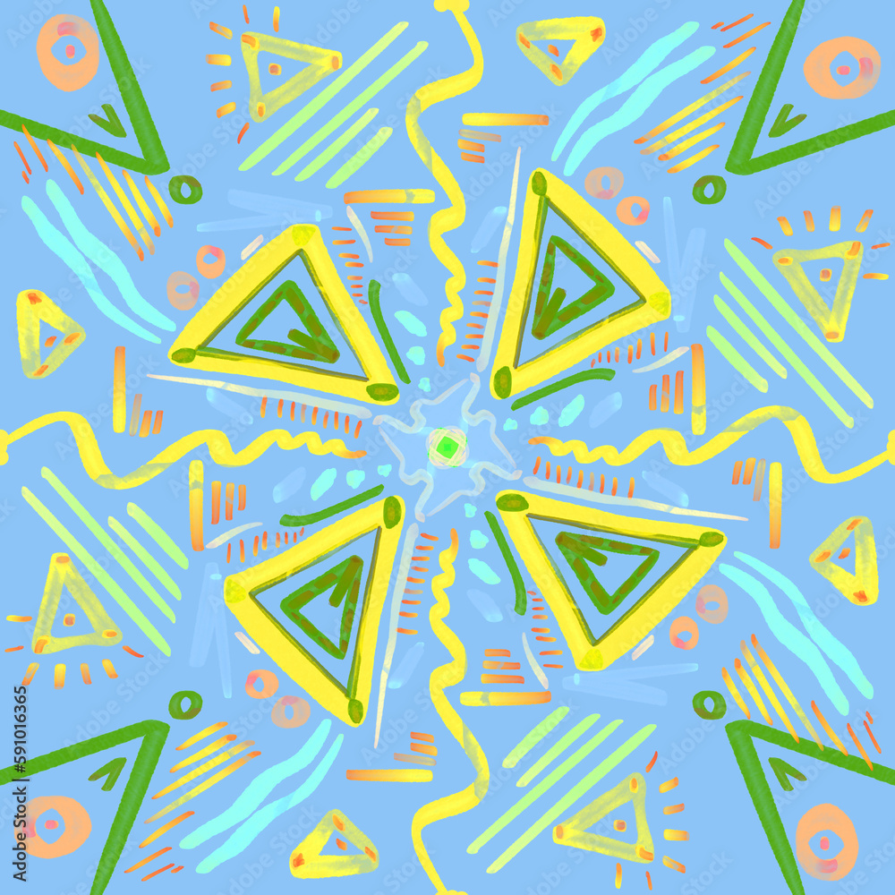 Tile - abstract decorative yellow and green lines on blue background. Ethnic boho seamless pattern. Tile - abstract decorative yellow and green lines on blue background. Ethnic boho seamless pattern.