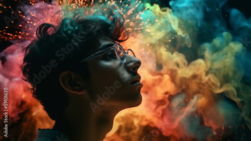 a person experiencing the radiant euphoria in colorful powders explosion background Generative AI