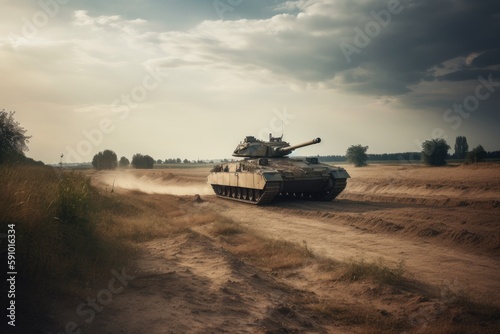 Military Tank Moving Over Deserted Battlefield, AI Generated