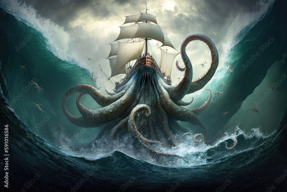 a giant squid rising from the depths of the ocean, its enormous