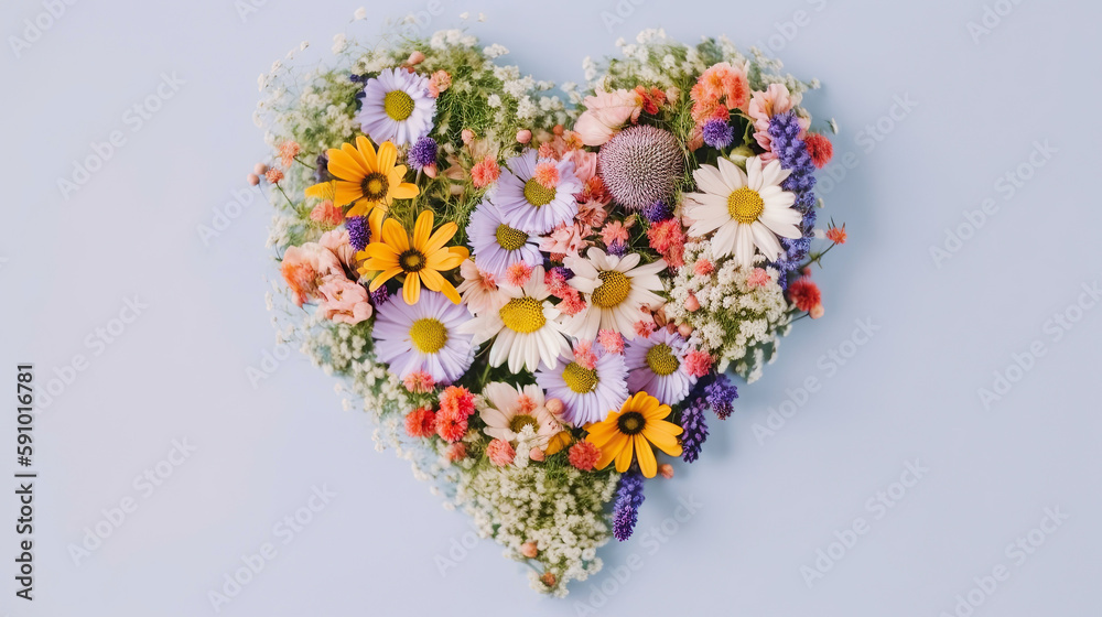 Generative AI illustration. A heart shape made of wildflowers. View from above. Generative AI illustration. A heart shape made of wildflowers. View from above.