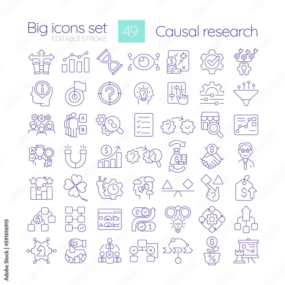 Causal research linear icons set. Marketing strategy of business development. Commercial prediction. Customizable thin line symbols. Isolated vector outline illustrations. Editable stroke Causal research linear icons set. Marketing strategy of business development. Commercial prediction. Customizable thin line symbols. Isolated vector outline illustrations. Editable stroke