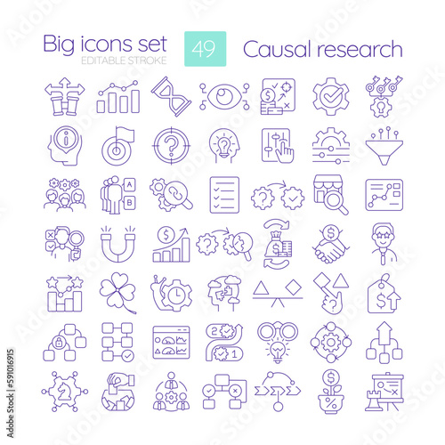 Causal research linear icons set. Marketing strategy of business development. Commercial prediction. Customizable thin line symbols. Isolated vector outline illustrations. Editable stroke