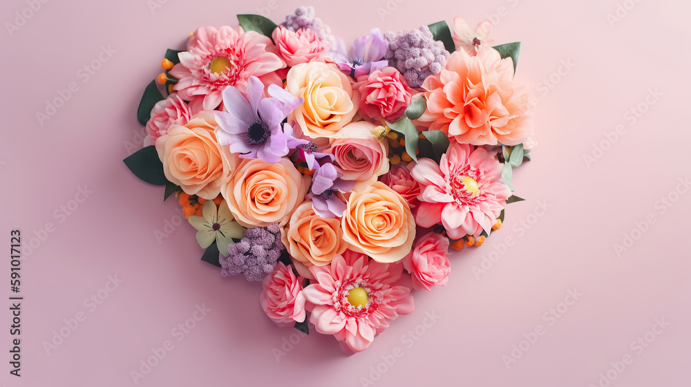 Generative AI illustration. Heart shape made of peony and rose flowers. View from above. Generative AI illustration. Heart shape made of peony and rose flowers. View from above.