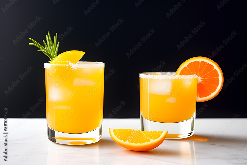 Fototapeta premium Cold and refreshing orange punch cocktail with orange slice on yellow background. summer drink.