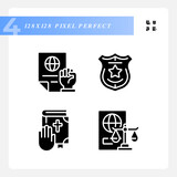 Law protecting human rights pixel perfect black glyph icons set on white space. Equality in justice system. Order control. Silhouette symbols. Solid pictogram pack. Vector isolated illustration