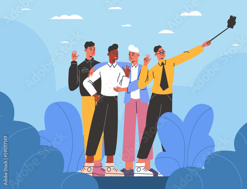 Group selfie. Happy friends team takes pictures on front camera. People making beautiful photo by mobile phone. Snapshots stick with smartphone. Men posing for photography. Vector concept