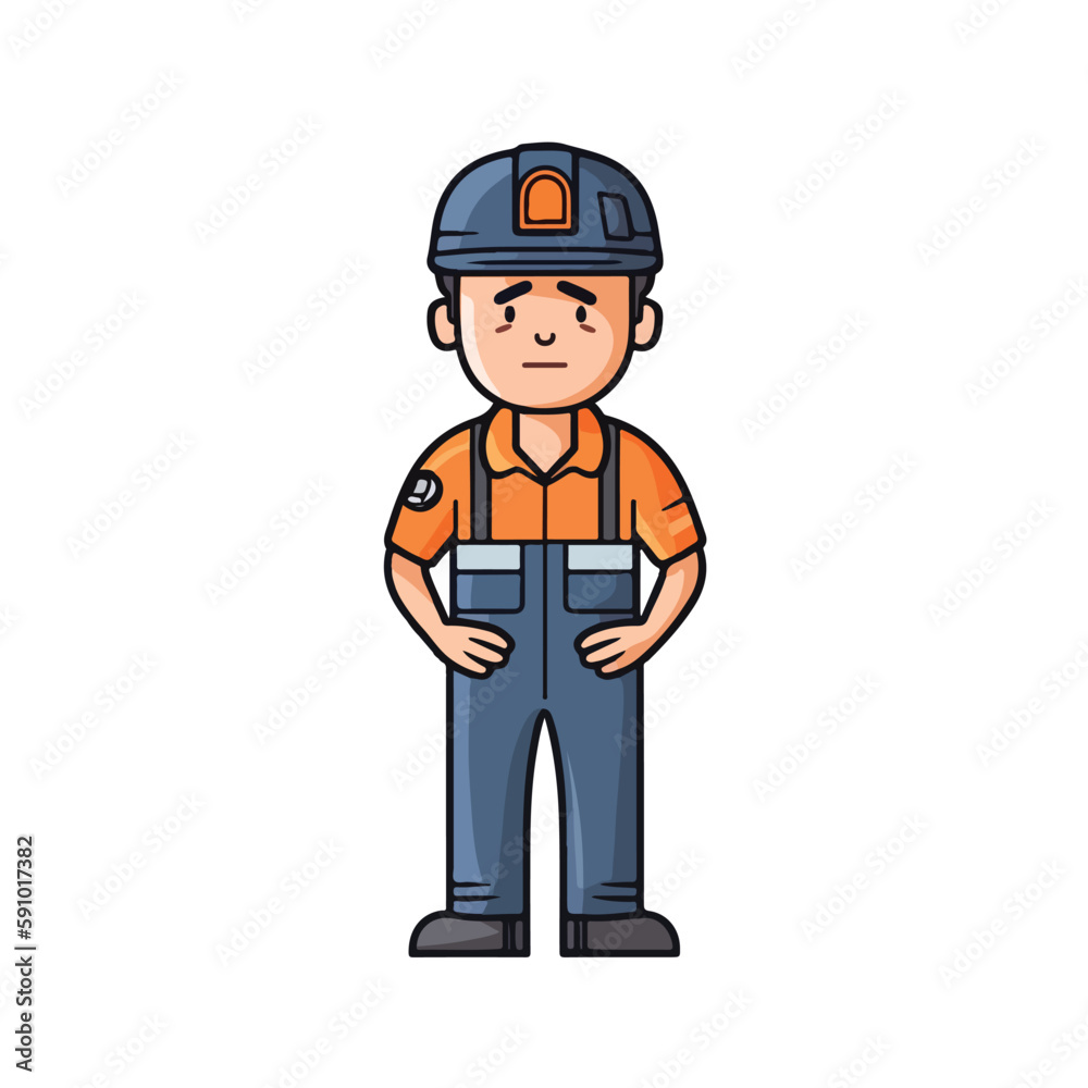 Mascot of cute boy mechanic engine repairman wearing uniform, helmet, and cap. Cartoon flat character vector illustration