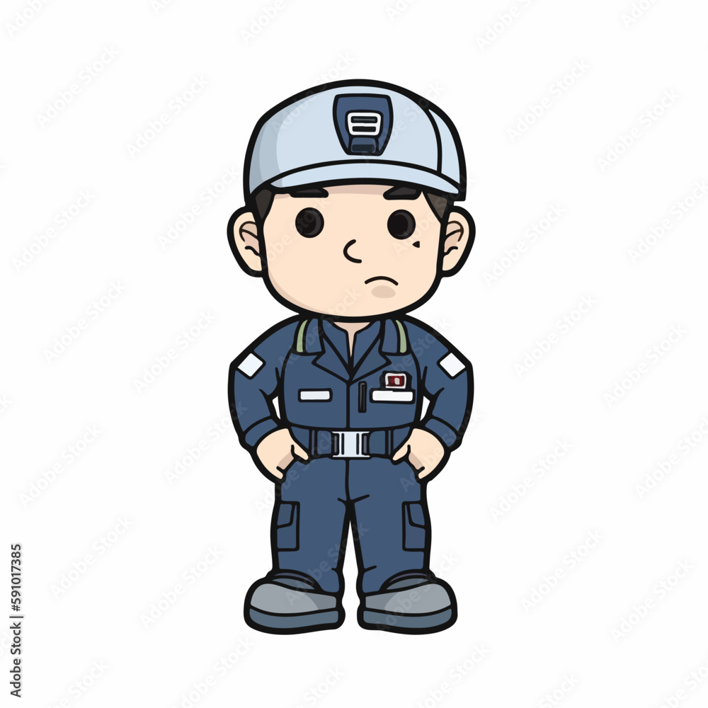 Mascot of cute boy mechanic engine repairman wearing uniform, helmet, and cap. Cartoon flat character vector illustration