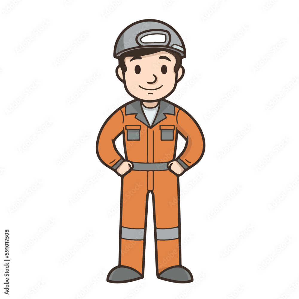 Mascot of cute boy mechanic engine repairman wearing uniform, helmet, and cap. Cartoon flat character vector illustration