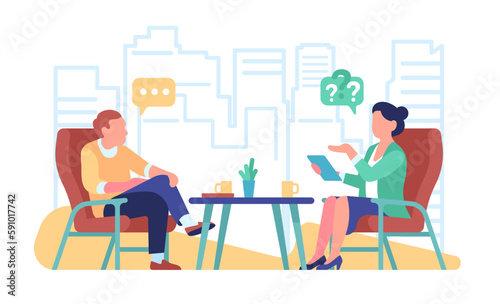Internet broadcast where journalist interviews famous person. Man and woman sitting in armchairs. People discussion streaming. Conversation between guest and TV presenter. Vector concept