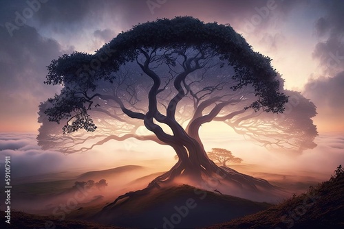 majestic tree, surrounded by misty fog, with view of the sunrise, created with generative ai