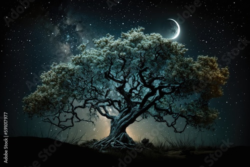 majestic tree with lush foliage and shining star in the night sky, created with generative ai