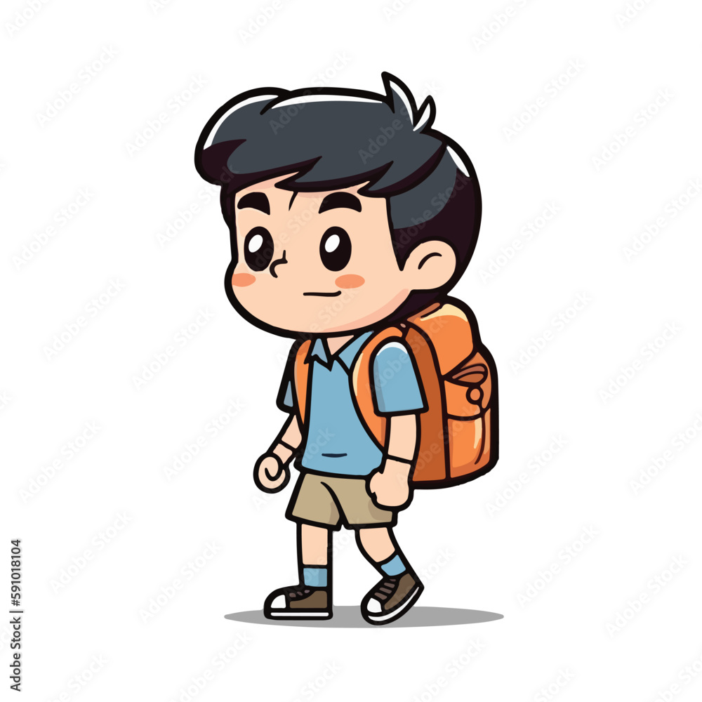 Mascot of little boy with bag backpack go to school. Cartoon flat character vector illustration