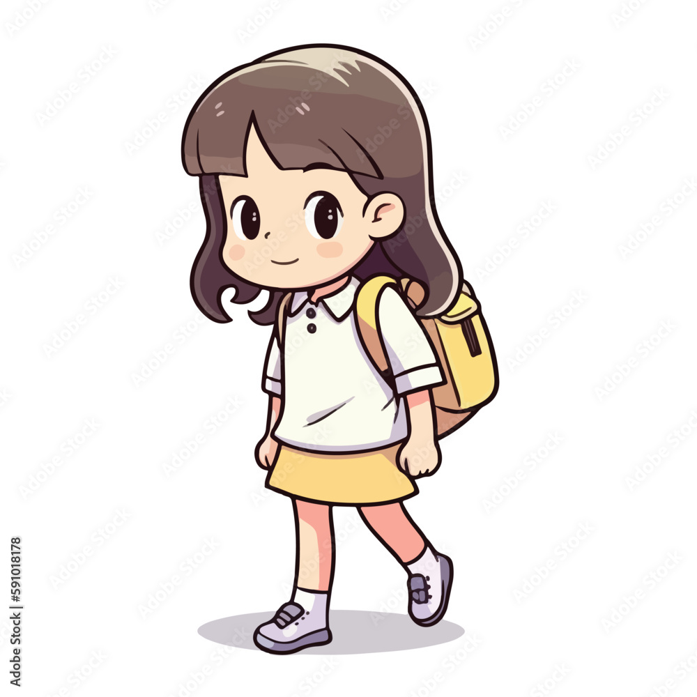 Mascot of little girl with bag backpack go to school. Cartoon flat character vector illustration