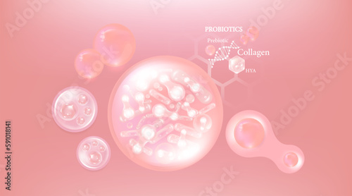 Probiotic and Hyaluronic acid skin solutions ad, pink collagen, and vitamin serum drop with cosmetic advertising background ready to use illustration vector.