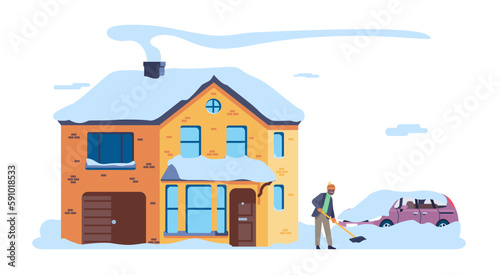 Man uses snow shovel to clear area outside home. Residential building and car after snowfall. Person cleaning snowdrifts. Winter snowstorm. Cold season precipitation. Vector concept