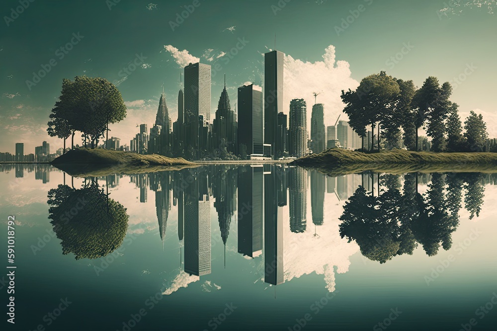 reflection of skyscrapers in a tranquil lake, created with generative ai