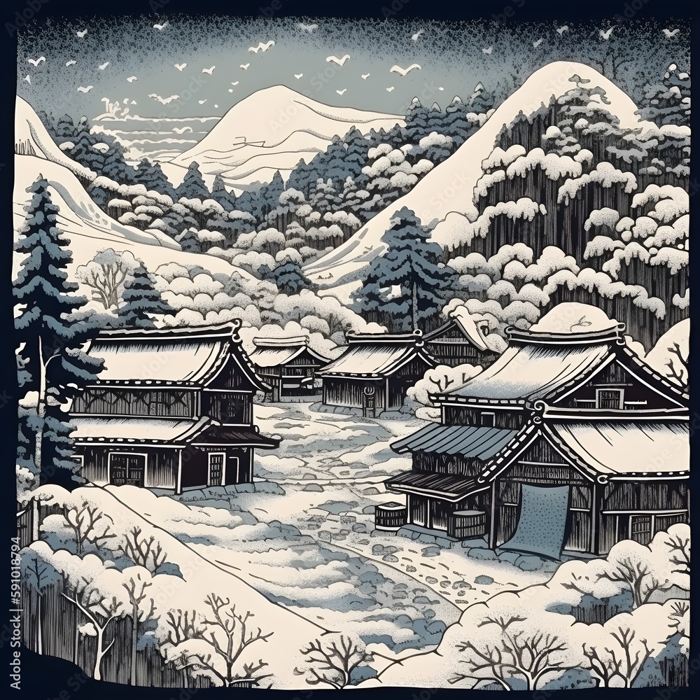 A snowy Japanese village in historic feudal Japan on a moonlit snowy night surrounded by snow-capped mountains and trees in Japanese woodblock style