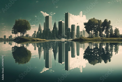 reflection of skyscrapers in a tranquil lake, created with generative ai
