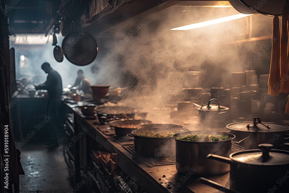 restaurant kitchen, with sizzling hotpots and steamy pots, preparing for the busiest night of the week, created with generative ai